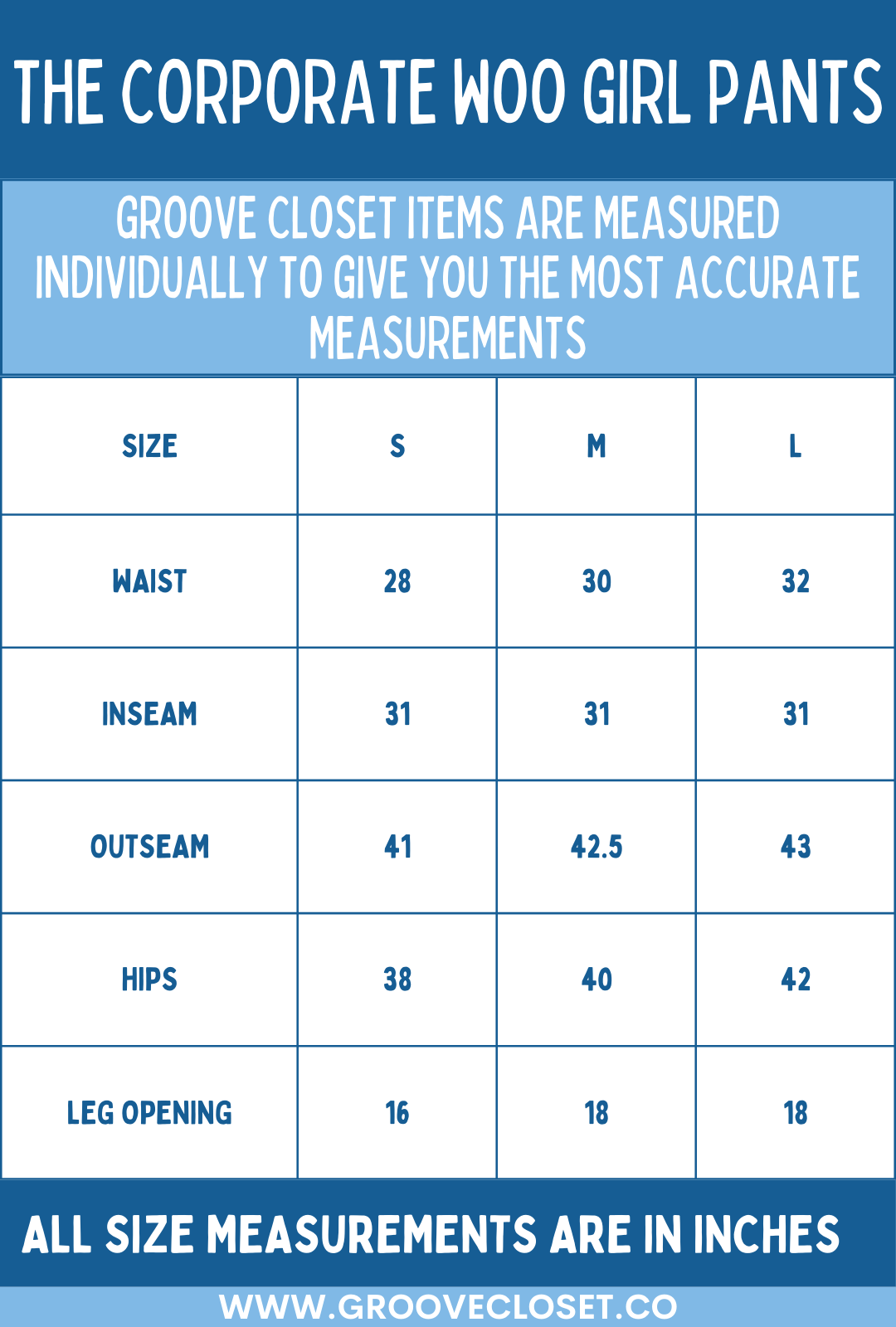 Size chart for Corporate Woo Girl Pants