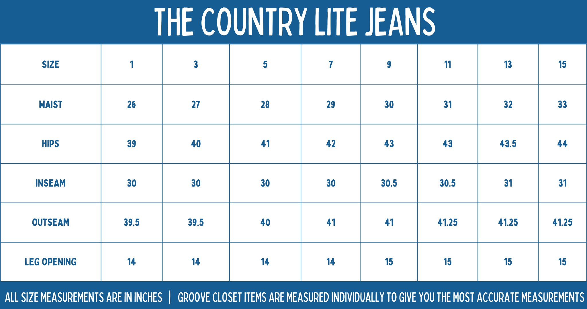 Size chart for Country Lite Barrel Jean
