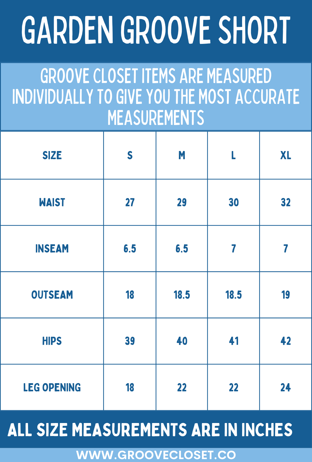 Size chart for Garden Groove Mom Short