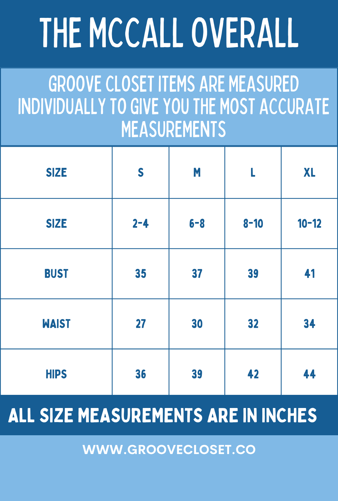 Size guide for The McCall Overall