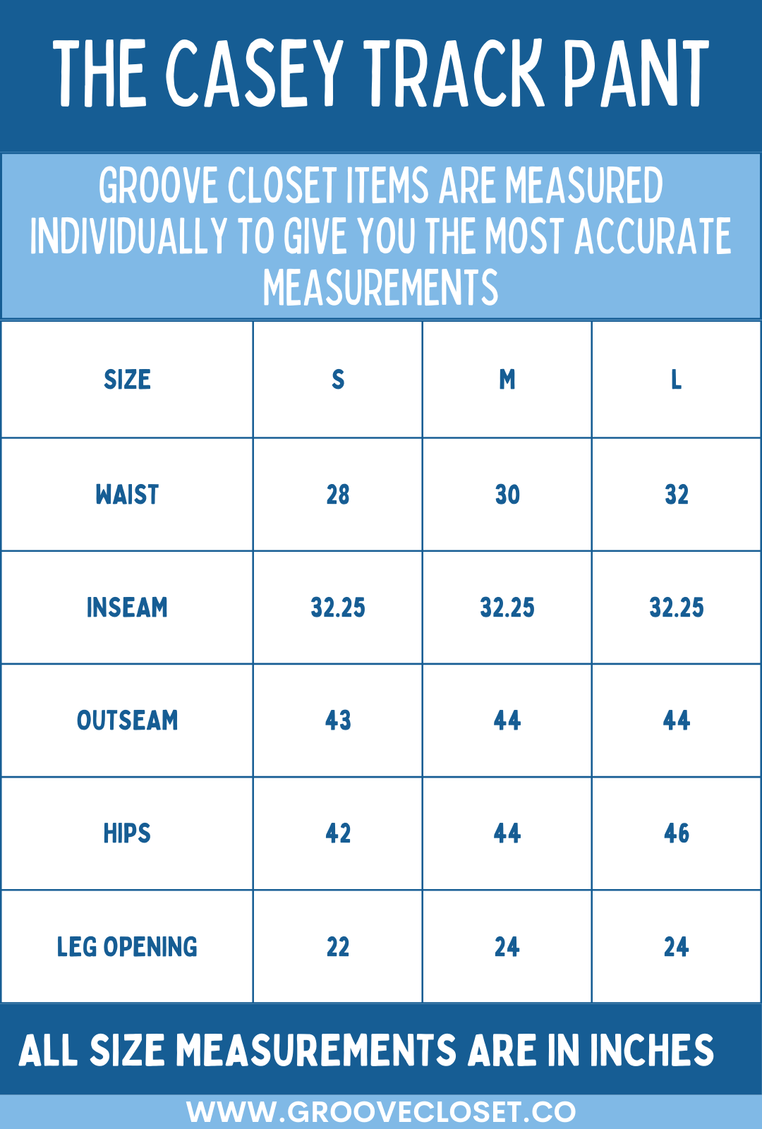 Size guide for The Casey Track Pant