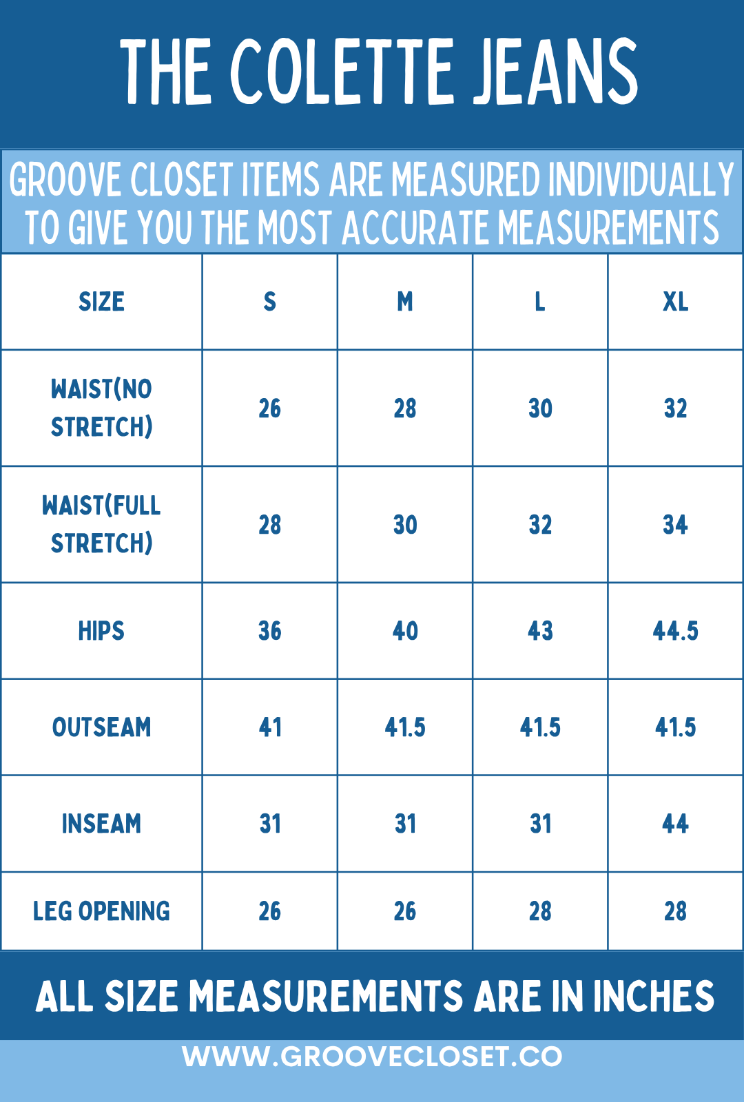 Size chart for The Colette Drawstring Pinstripe Jeans