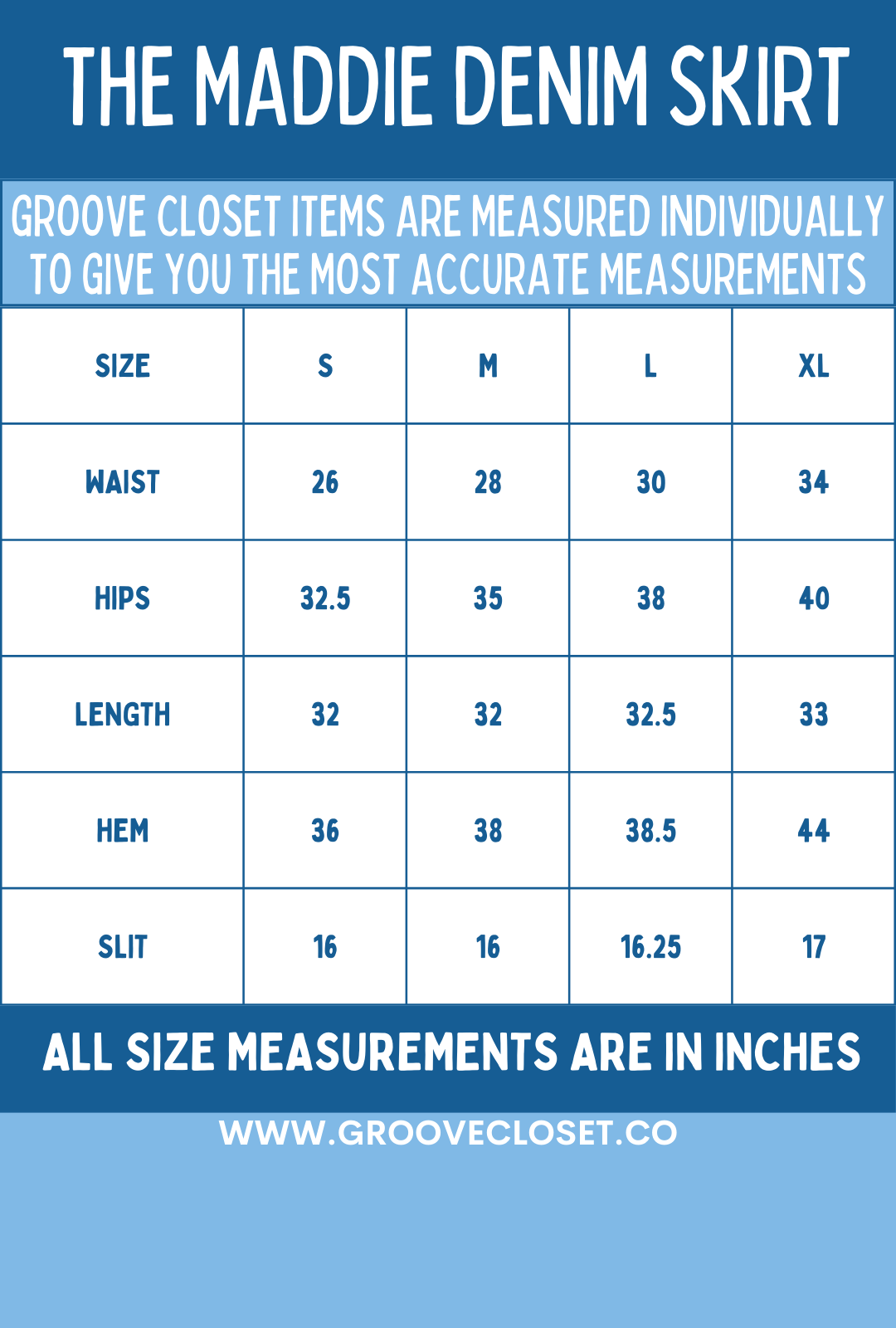 Size guide for The Maddie Denim Skirt