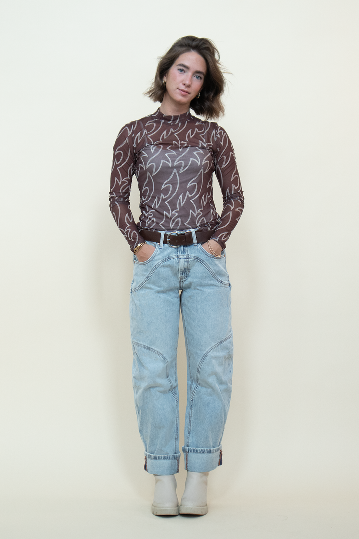 Front view of a sheer brown mesh long-sleeve top with a mock neckline and cream Western-inspired graphic print.