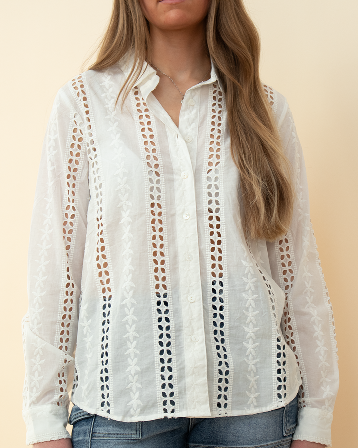 Close-up of white embroidered eyelet button-down blouse with vertical floral lace panels, featuring long sleeves and lightweight cotton fabric — breathable and stylish women's spring top.