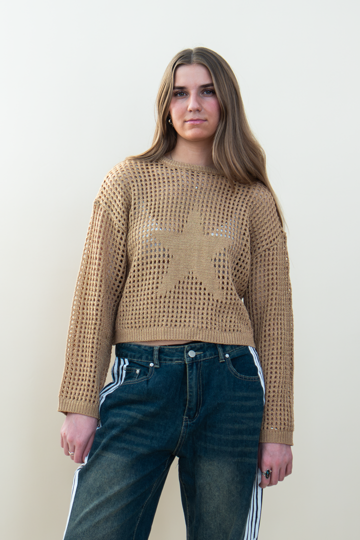 Front view of tan open-knit cropped sweater with long sleeves and a large solid-knit star design at the center.